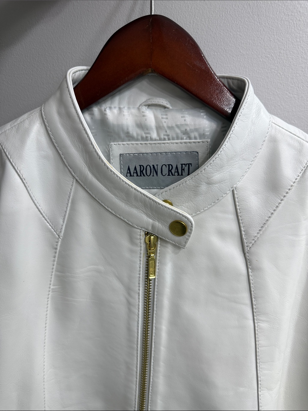 White Leather Biker Zip Jacket With Gold Accents